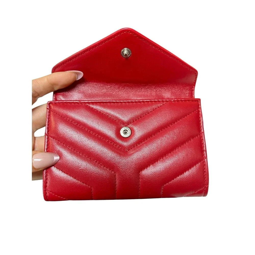 YSL Saint Laurent Leather Red Compact Wallet Card Case Box Duster & Tags